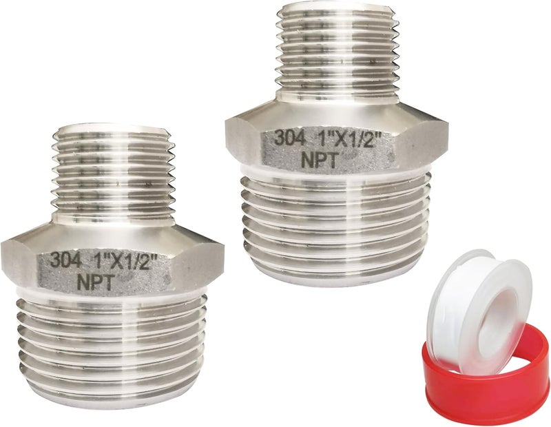 POTONZ 1" Male x 1/2" Male NPT Threaded Reducing Hex Nipple ，304 Stainless Steel Reducing Pipe Fitting Nipple Adapter With Teflon Plumbers Tape (Pack of 2) - Image 1
